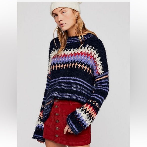 🧡 Free People Fair Isle Cropped Boxy Sweater Side Slit Size XS Blue Wool Blend - Picture 1 of 9